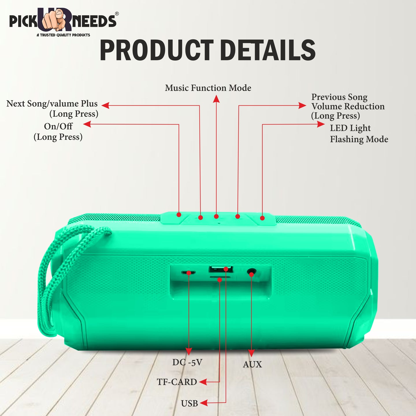 Pick Ur Needs  Rechargeable Mini Portable Wireless Bluetooth Super Bass Speaker With HD Audio 10 W Bluetooth Speaker (Green, Stereo Channel)